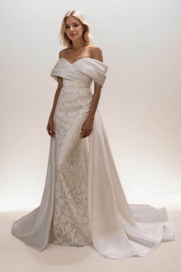 A-Line Sweep-Brush Train Lace Satin Wedding Dress CW3468 - COCOMELODY